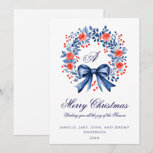 Tarjeta Festiva Navidades de la guirnalda roja azul monograma