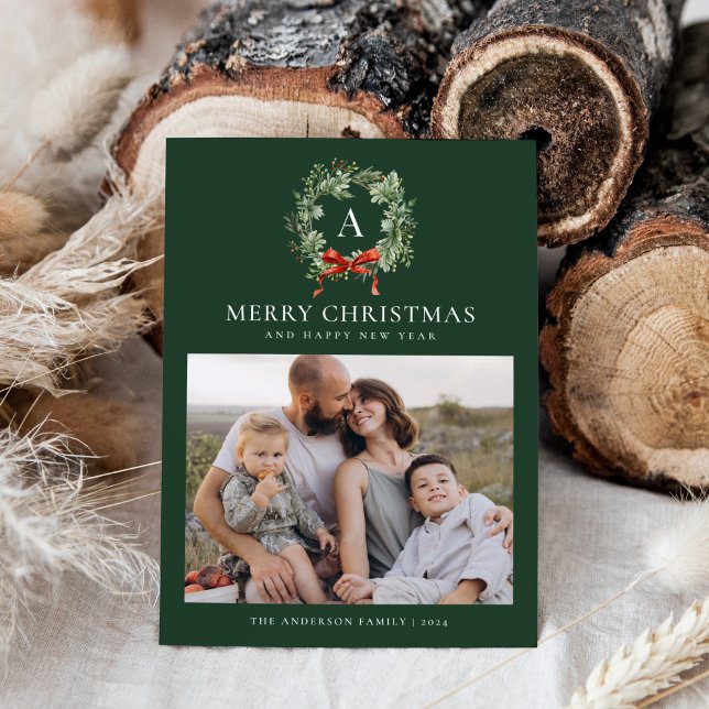 Tarjeta Festiva Navidades de la guirnalda verde elegante monograma (Subido por el creador)