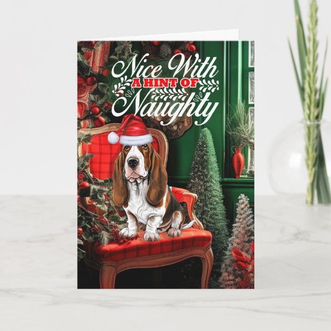 Tarjeta Festiva Navidades de la hebilla de Basset perro travieso o (Anverso)
