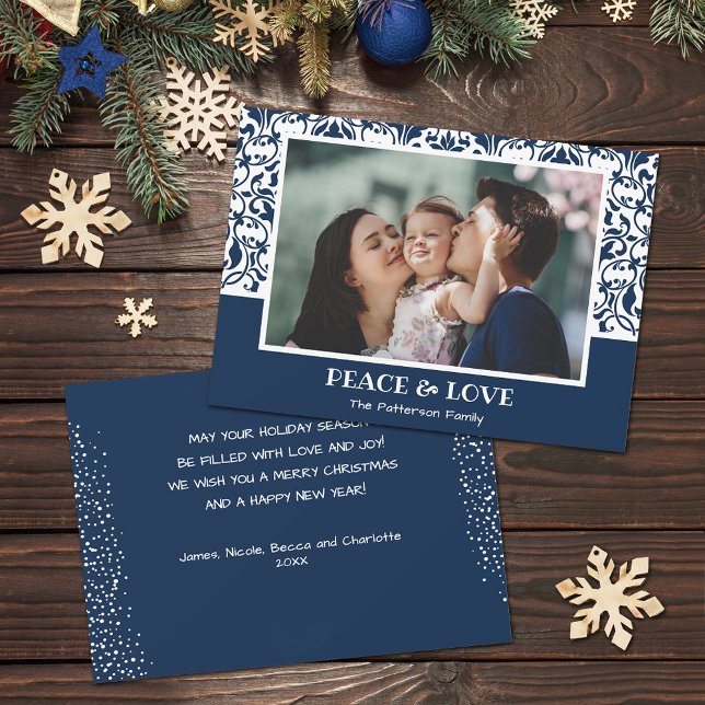 Tarjeta Festiva Navidades de la Marina en blanco y azul en Damasco (Navy blue and white damask design Christmas photo holiday cards, PRINTED and/or INSTANT DOWNLOAD)