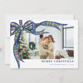 Tarjeta Festiva Navidades de la Marina Green Tartan Bow Foto Tarje