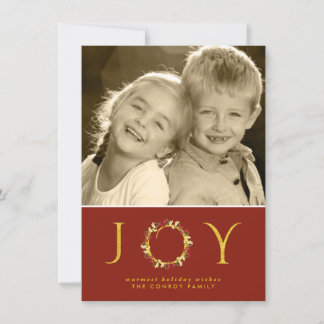 Tarjeta Festiva Navidades de la Moda de Oro Rojo Joy Floral Wreath