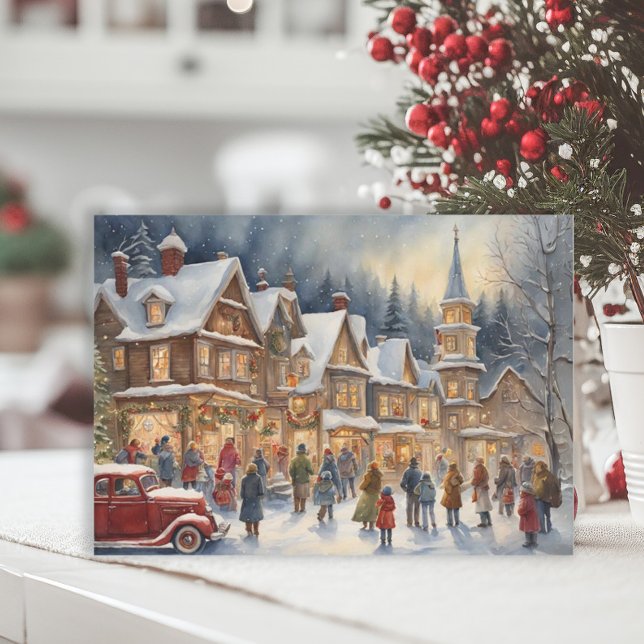 Tarjeta Festiva Navidades de la nieve de invierno de la aldea fest (Elegant Christmas painting postcard with a snow-covered winter village)
