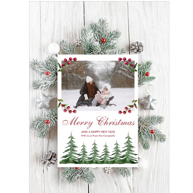 Tarjeta Festiva Navidades de la nieve de los pinos botánicos verde (Subido por el creador)