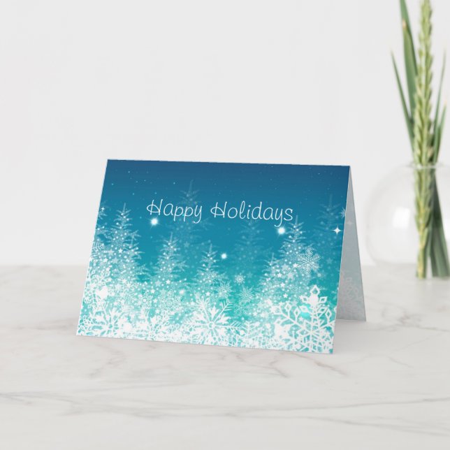Tarjeta Festiva Navidades De La Noche Con Árboles Y Copos De Nieve (Anverso)