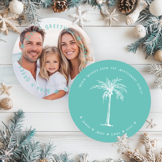 Tarjeta Festiva Navidades de la Palm Seas y Saludos Tropicales (Tropical Palm Seas & Greetings Christmas Photo Holiday Card)