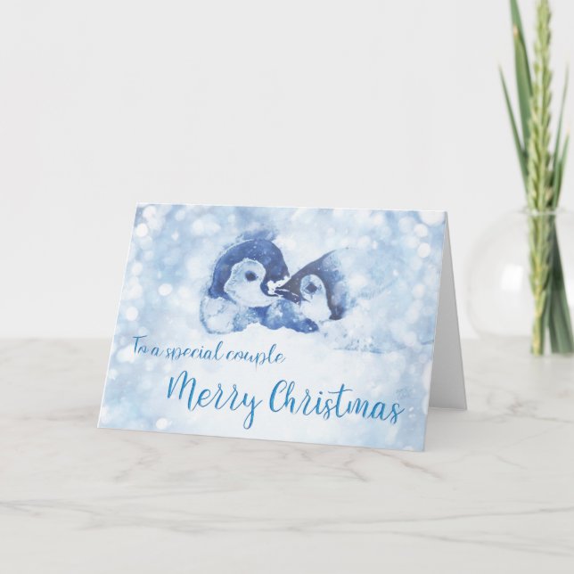 Tarjeta Festiva Navidades de la pareja pingüino (Anverso)