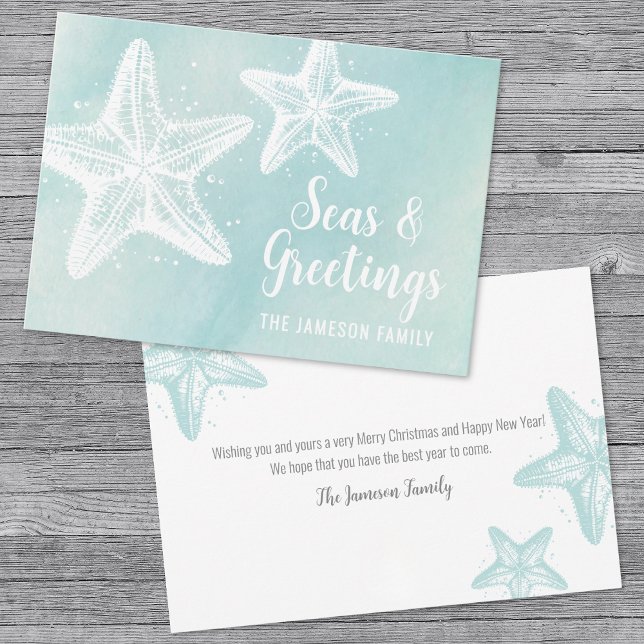 Tarjeta Festiva Navidades de la playa de acuarela costera (Elegant Beach Seasons Greetings Holiday Card)