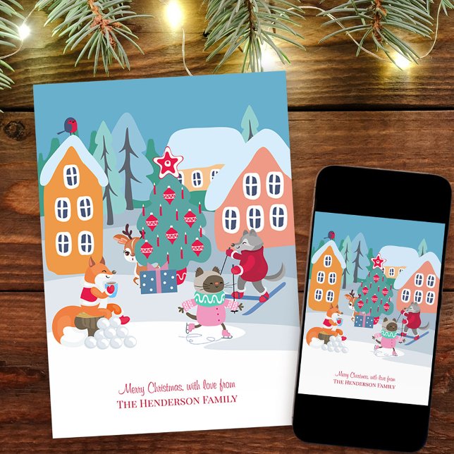 Tarjeta Festiva Navidades de la Plaza de la Aldea con Animales Woo (Whimsical Christmas Card. Buy professionally printed or as a printable digital download.)