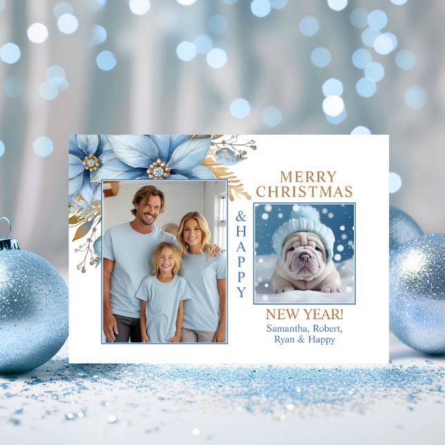 Tarjeta Festiva Navidades de la poinsettia Icy Blue Gold | 2 FOTO (Icy Blue Gold Poinsettia Christmas  2 PHOTO Holiday Card)