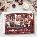 Tarjeta Festiva Navidades de la Red Plaid de Calligraphy Heart 3<br><div class="desc">Caligrafía moderna guión del corazón 3 Collage de fotos de la familia de la foto Tarjeta navideña - Red Plaid</div>