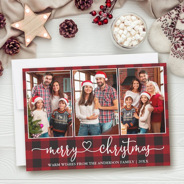 Tarjeta Festiva Navidades de la Red Plaid de Calligraphy Heart 3 (Customize to add text to back of card.)