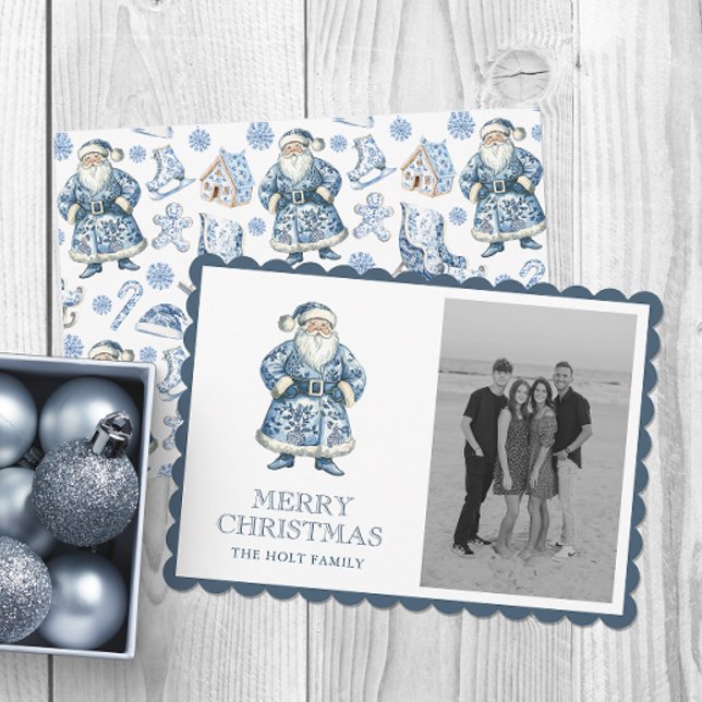 Tarjeta Festiva Navidades de la serie azul Chinoiserie Santa Photo (Subido por el creador)