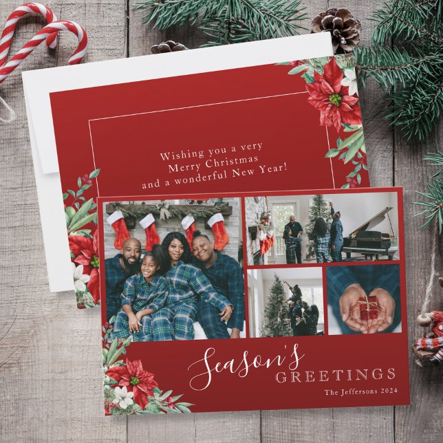 Tarjeta Festiva Navidades de la temporada de Collage de fotos Rojo (Red Photo Collage Season's Greetings Christmas Holiday Card)