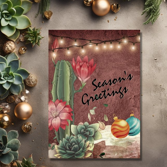 Tarjeta Festiva Navidades de la temporada de saludos y suculentos (Front - Season's Greetings Cactus and Succulents Christmas Holiday Card)