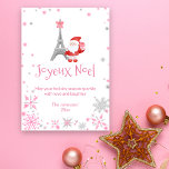Tarjeta Festiva Navidades de la Torre Eiffel y Santa Pink Paris<br><div class="desc">Esta hermosa tarjeta de Navidades con temática parisina está llena de insomnio y tiene un tema de Navidades rosas. La torre Eiffel está adornada con un bonito arco rosado y un encantador Santa Claus tiene un regalo rosa dulce. La escena está llena de copos de nieve rosas y plateados que...</div>