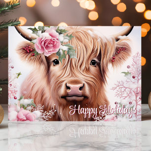 Tarjeta Festiva Navidades de la vaca Highland con Rosas Felices va