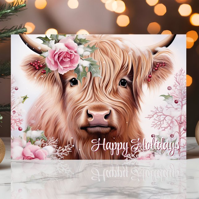 Tarjeta Festiva Navidades de la vaca Highland con Rosas Felices va (Subido por el creador)
