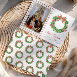 Tarjeta Festiva Navidades de la vaca roja Boxwood Wreath Photo