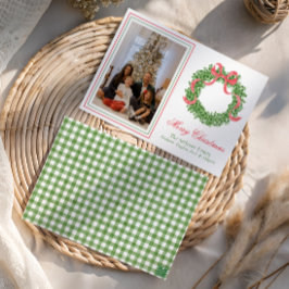 Tarjeta Festiva Navidades de la vaca roja Boxwood Wreath Photo