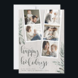 Tarjeta Festiva Navidades de la vegetación de madera rústica Foto<br><div class="desc">Tarjeta fotográfica rústica de vacaciones con dos tiras de cabina de fotos, una con tres fotos y otra con dos fotos, para un total de cinco fotos. Personalice con el año y su nombre o apellidos en letras modernas sans-serif, en un fondo de madera de campo con hojas de color...</div>