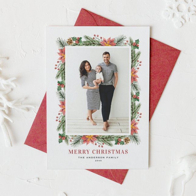 Tarjeta Festiva Navidades de la vendimia Poinsettias Pine Needles (Vintage Poinsettias Pine Needles Merry Christmas Photo Holiday Card)