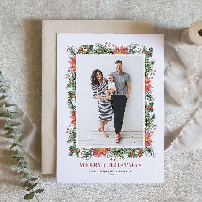 Tarjeta Festiva Navidades de la vendimia Poinsettias Pine Needles (Vintage Poinsettias Pine Needles Merry Christmas Photo Holiday Card)