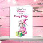 Tarjeta Festiva Navidades De La Vieja Moda Pink Elf<br><div class="desc">Una tarjeta de Navidades bonitos con una linda elfo hembra de color rosa con un ambiente vintage. Navidades retro que se sienten anticuados.</div>