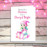 Tarjeta Festiva Navidades de la vieja moda rosados Elf alegres y b<br><div class="desc">Una tarjeta de Navidades bonitos con una linda elfo hembra de color rosa con un ambiente vintage. Navidades retro que se sienten anticuados.</div>