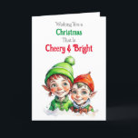 Tarjeta Festiva Navidades de la vieja usanza se vuelven alegres y<br><div class="desc">Una tarjeta de Navidades bonitos con una linda niña y un niño elfos en verde y rojo Retro sintiendo a Navidades anticuados.</div>