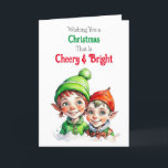 Tarjeta Festiva Navidades de la vieja usanza se vuelven alegres y<br><div class="desc">Una tarjeta de Navidades bonitos con una linda niña y un niño elfos en verde y rojo Retro sintiendo a Navidades anticuados.</div>