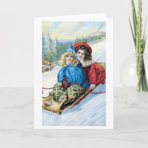Tarjeta Festiva Navidades de la vieja usanza, Sledding