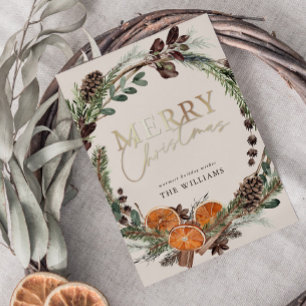 Tarjeta Festiva Navidades de la Wreath de Cítricos con guión de or