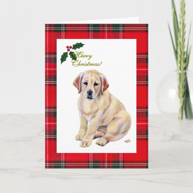 Tarjeta Festiva Navidades de Labrador Amarillo Puppy Tartán (Anverso)