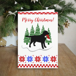 Tarjeta Festiva Navidades de Labrador Negro Árboles Evergreen