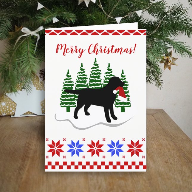 Tarjeta Festiva Navidades de Labrador Negro Árboles Evergreen (Black Labrador Evergreen Trees Christmas Cards for Black Labrador Owners.  Silhouette design.)