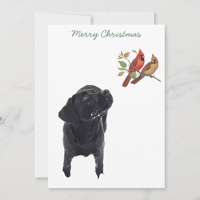 Tarjeta Festiva Navidades de Labrador Negro que recuperan cachorro (Anverso)
