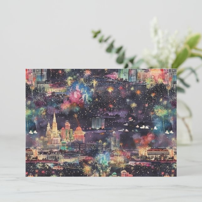 Tarjeta Festiva Navidades de Las Vegas y Año Nuevo en acuarelas (Anverso de pie)