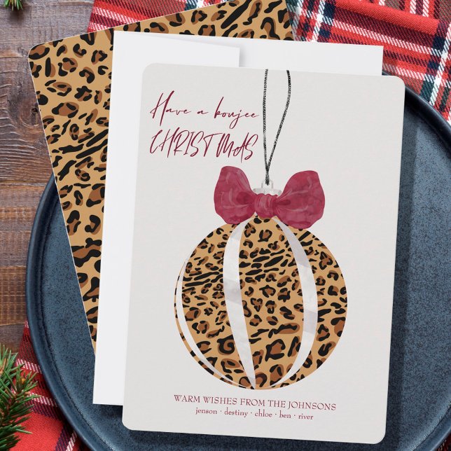 Tarjeta Festiva Navidades de Leopard Print Bauble Burgundy Bow Bou (Subido por el creador)