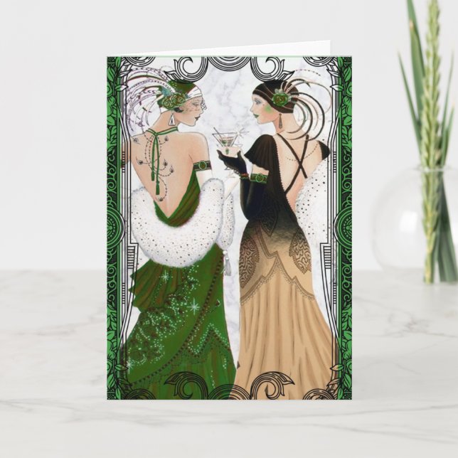 Tarjeta Festiva Navidades de los años 20 Martini Flapper Ladies (Anverso)