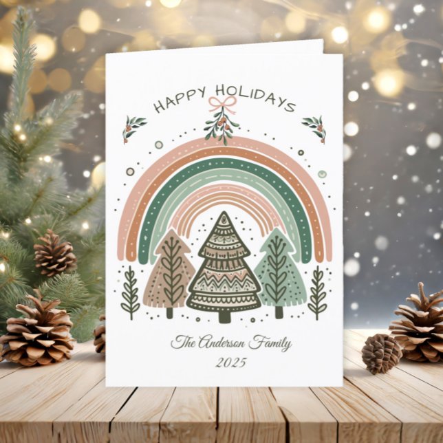 Tarjeta Festiva Navidades de los arcoiris rusticos Boho Terracotta (Scandinavian rainbow and pine trees Christmas greeting card)
