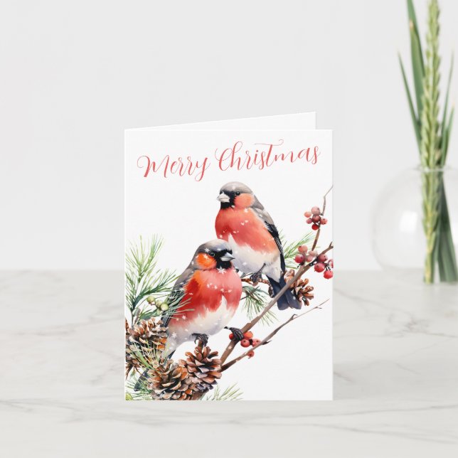 Tarjeta Festiva Navidades de los Bullfinch Rojos Birries Berries & (Anverso)