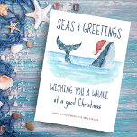 Tarjeta Festiva Navidades de los mares y saludos de ballena de San<br><div class="desc">La tarjeta de Navidades de humor náutico presenta una ballena acuarela con un sombrero Santa nadando en el mar con luces de cuerda decorando su cola. Los saludos "Seas & Greetings" y "Wishing you a whale of a good Navidades", junto con el nombre pueden ser personalizados. Arte por KL Stock...</div>