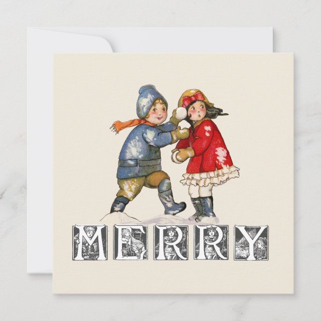 Tarjeta Festiva Navidades de los niños de bola de nieve de merry V (Anverso)