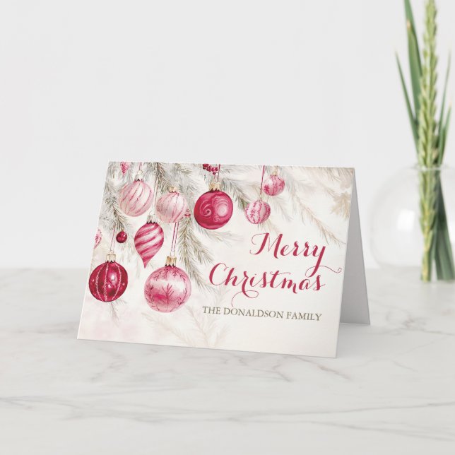 Tarjeta Festiva Navidades de los Ornamentos Blancos Rosados (Anverso)