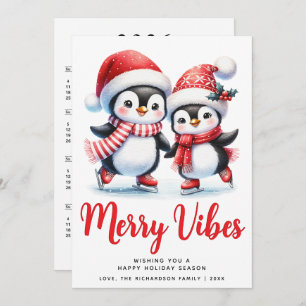 Tarjeta Festiva Navidades de los Pingüinos Red Merry Vibes