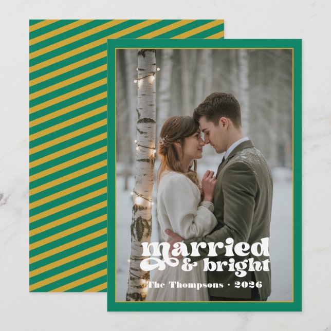 Tarjeta Festiva Navidades de los recién casados verdes, blancos y  (Anverso / Reverso)