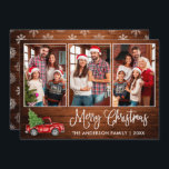 Tarjeta Festiva Navidades de madera de caligrafía divertida Camión<br><div class="desc">Moderna caligrafía de diversión guión 3 Collage de fotos de la familia de fotos Tarjeta navideña - Camión rojo de color de agua con árbol de Navidad - Madera rústica de campo con copos de nieve de vuelta</div>
