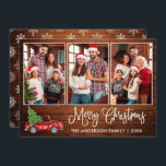 Tarjeta Festiva Navidades de madera de caligrafía divertida Camión<br><div class="desc">Moderna caligrafía de diversión guión 3 Collage de fotos de la familia de fotos Tarjeta navideña - Camión rojo de color de agua con árbol de Navidad - Madera rústica de campo con copos de nieve de vuelta</div>