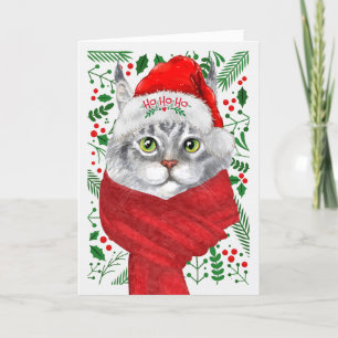 Tarjeta Festiva Navidades de Maine Coon Cat Santa Hat Meowy